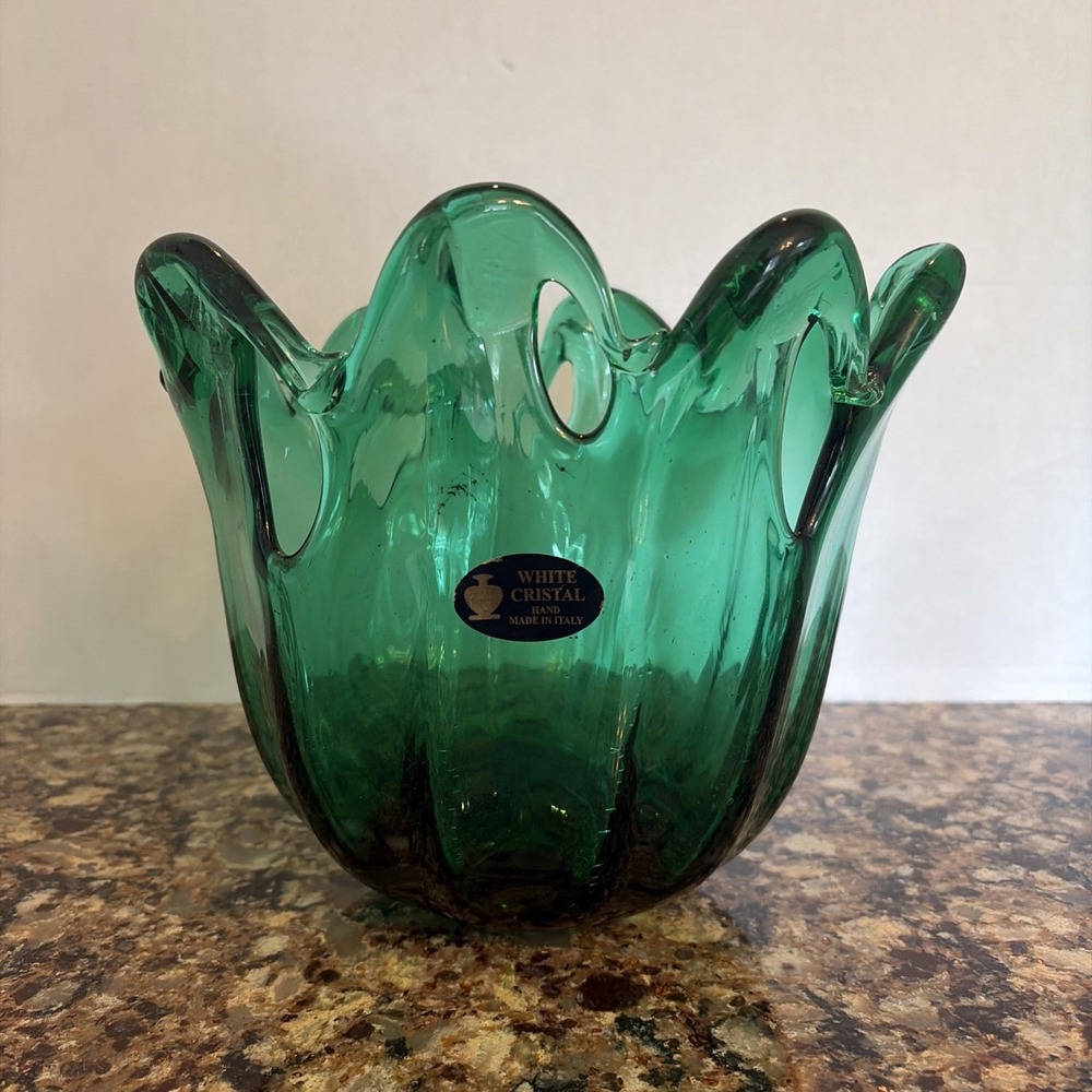 Vtg White Cristal Murano Green Glass Centerpiece Bowl Hand Blown Italy MCM 1970s